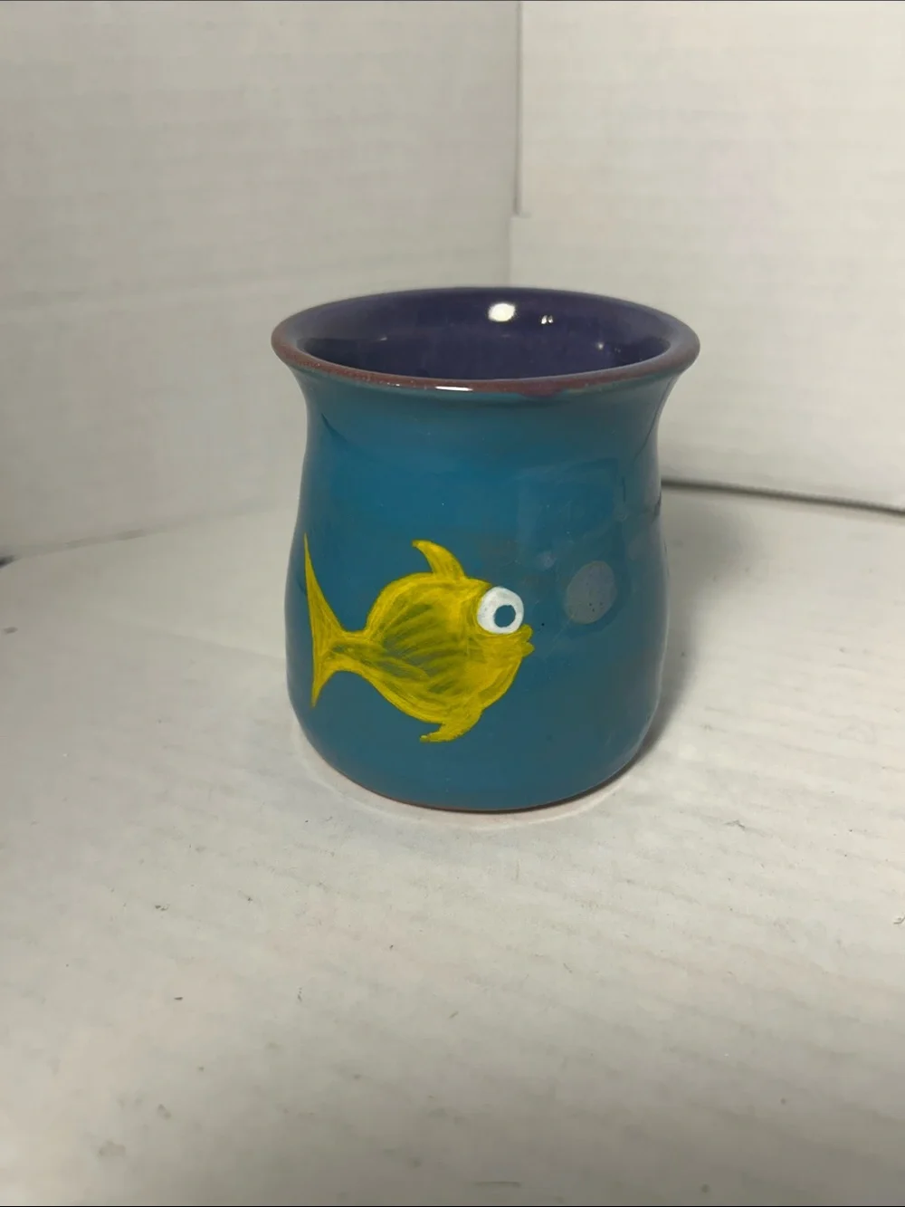 Hand-Painted Blue Ceramic Fish Cup - Yellow Fish Design 3 1/2 inch tall Signed